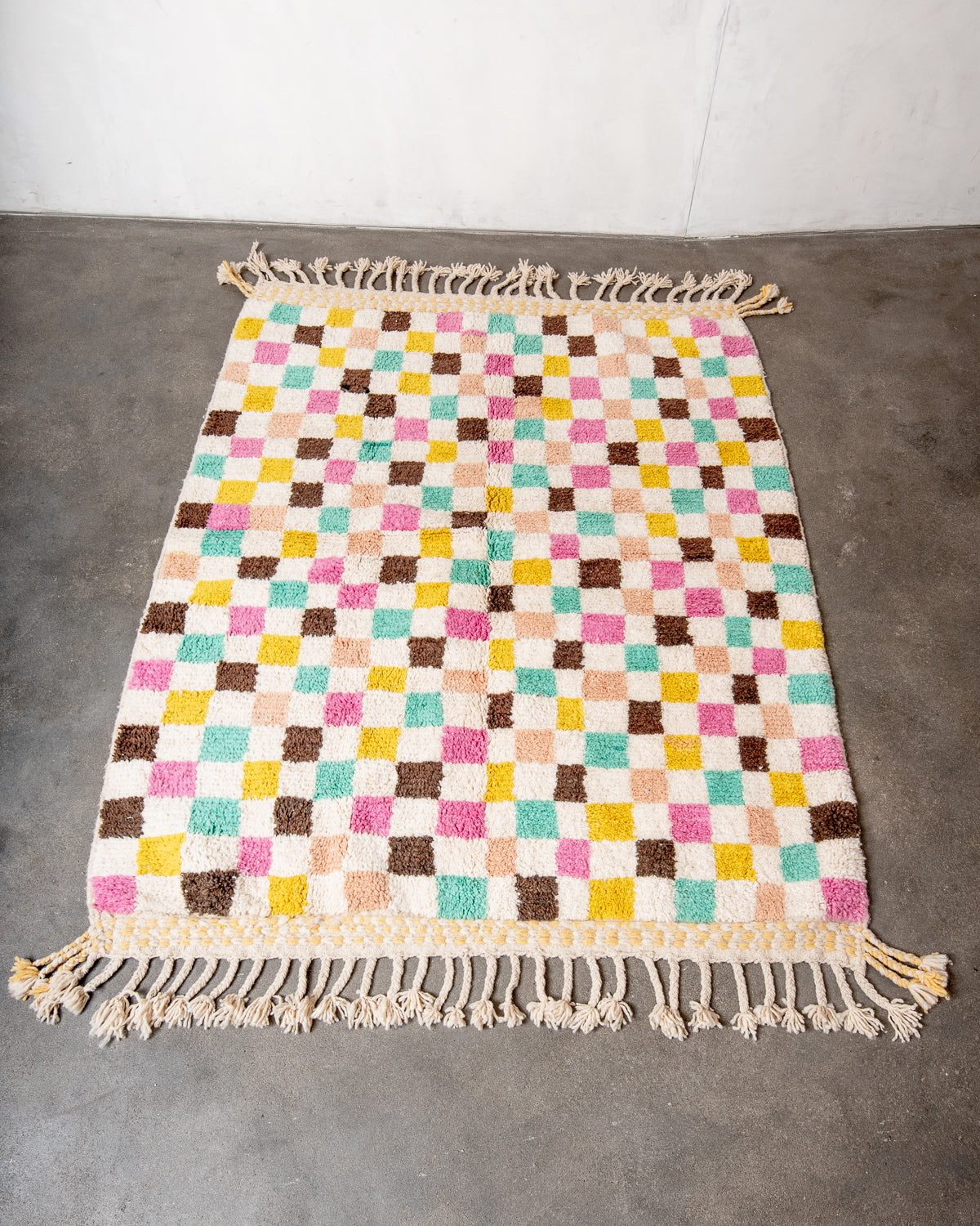Modern, designer, handcrafted Berber rug from Morocco. Beniourain carpet with beautiful colours and patterns and fluffy wool texture.